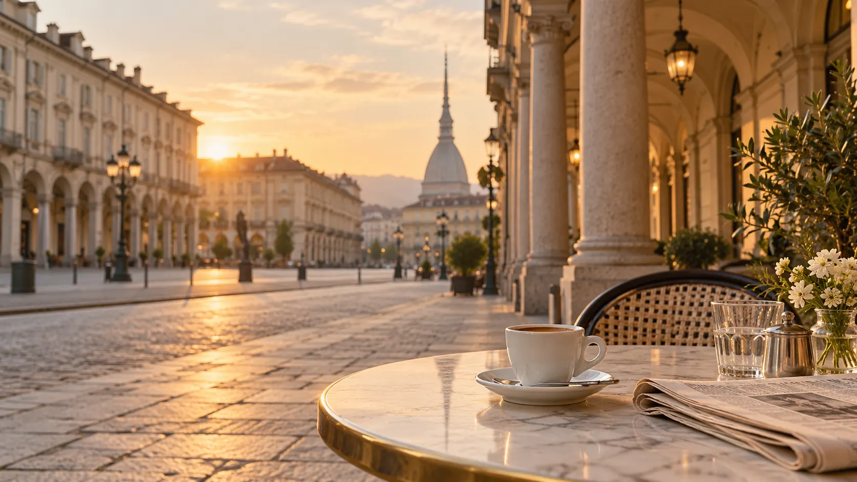Cena editorial inspirada nas arcadas de Turim ao entardecer