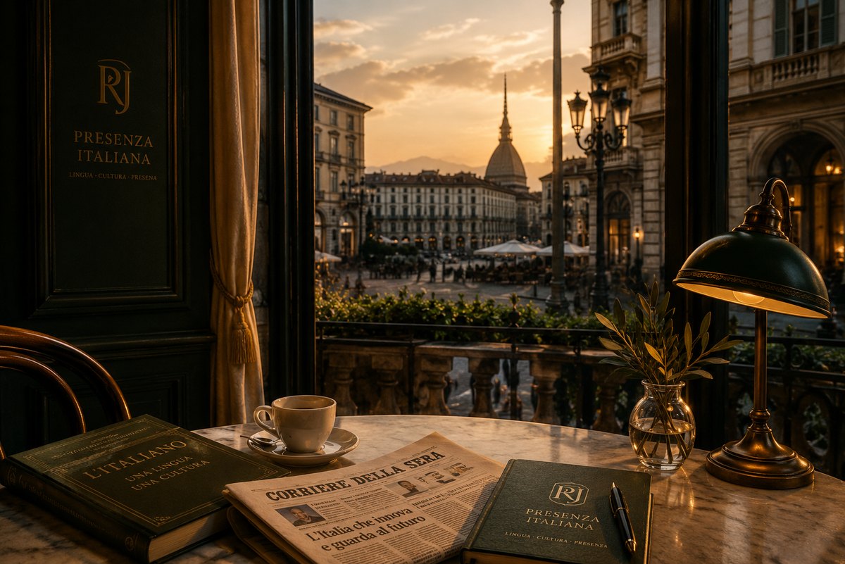 Mesa de café com jornais italianos diante de uma rua de Turim ao entardecer